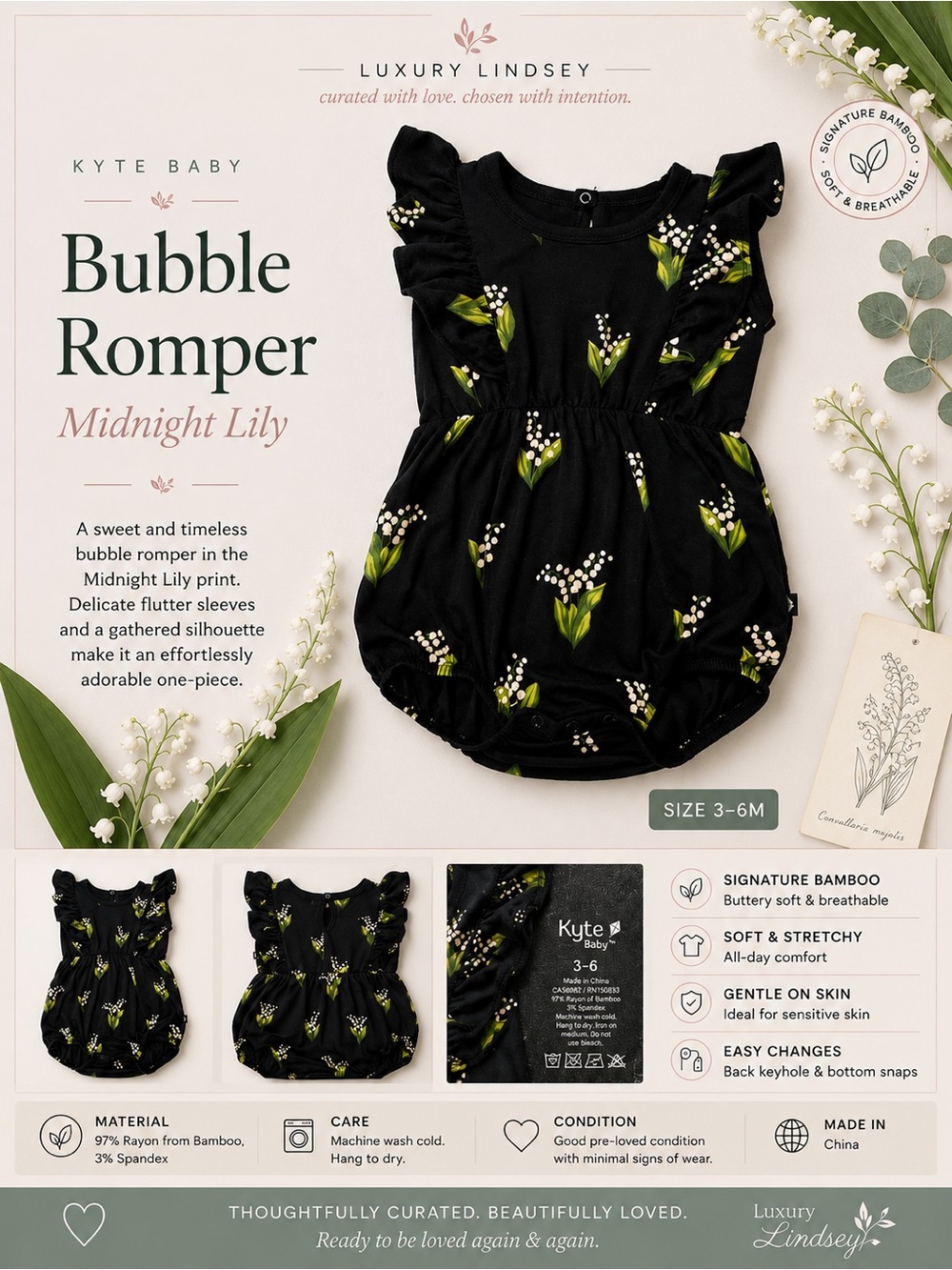 Kyte Baby Bubble Romper in Midnight Lily • Size 3–6 Months